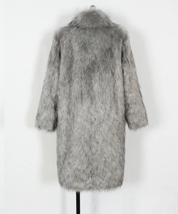 Back view of long grey faux fur coat featuring thick plush texture and straight cut