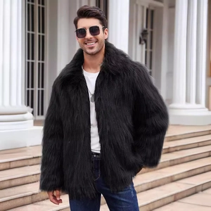 Men's stylish faux fur lapel jacket in deep black, premium winter outerwear for urban fashion