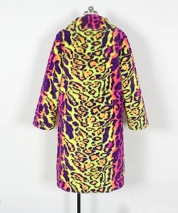 Detailed close-up of vibrant neon leopard print pattern on high-quality faux fur winter coat