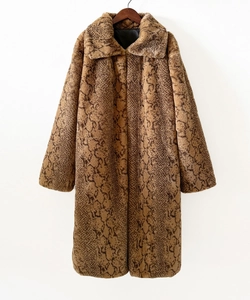 Detail of faux fur winter coat showing rich brown snakeskin pattern and plush texture