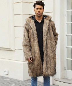 Outdoor shot of men's long faux fur hooded coat in brown and grey blend fur