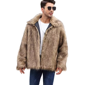 Men's tan faux fur jacket with lapel collar and plush texture for winter trend