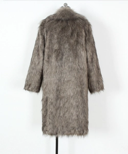 Rear view of long faux fur coat in taupe with a natural gradient and fluffy texture
