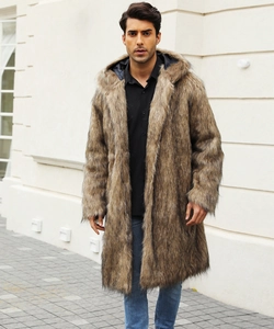 Detail of premium brown faux fur texture and hood design on a long winter coat for men