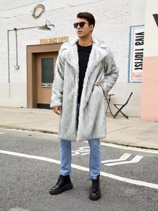 Men's long faux fur coat in light gray with large lapels for winter warmth outdoors