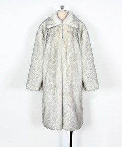 Detailed texture of thick grey-white faux fur on a long-sleeved lapel coat for men