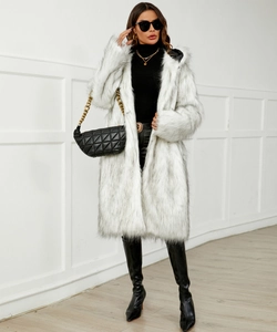 Manteau long en fausse fourrure pour femme avec capuche et motif loup des neiges d'hiver