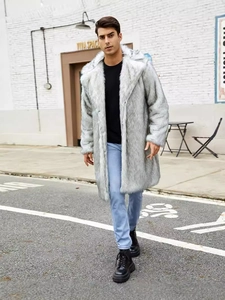 Men's stylish faux fur long coat in grey with wide lapels for winter warmth