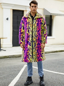 Men Colorful Leopard Print Faux Fur Long Coat Winter Warm Slim Fit Neon Animal Pattern Lapel Collar Streetwear Overcoat