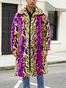 Herren Leopardenmantel Kunstpelz Neon Bunt Dick Winter Revers Langarm Mantel Mode Warm Plüsch Streetwear Outwear Für Männer