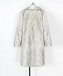 Rear view detail of a long faux fur coat featuring thick gray and white plush texture