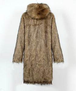 Back view of men's faux fur long coat with oversized hood in textured brown