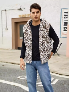 Mens hooded faux fur vest with classic brown leopard print pattern in urban street style