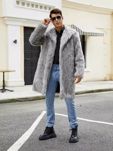 Men's stylish long grey faux fur coat with lapels and plush texture for winter fashion