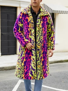 Herren Neon-Leopardenmuster Kunstpelzmantel mit Revers und flauschiger Plüsch-Textur