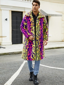 Men's oversized faux fur long coat with colorful purple and yellow leopard print