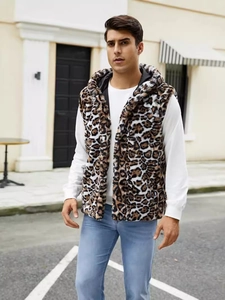 Men's leopard print faux fur hooded vest in a stylish streetwear outdoor setting