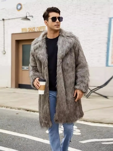 Men's faux fur long coat in grey, stylish loose fit overcoat for winter outdoor street style