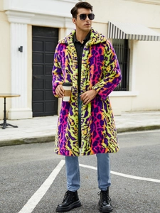 Men's neon leopard print faux fur coat with oversized lapel in vibrant purple and yellow