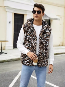 Men's faux fur leopard print hooded vest coat in a stylish streetwear outdoor look