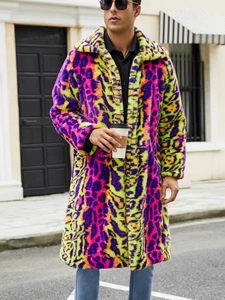 Herren Kunstpelzmantel mit Neon-Leopardenmuster, dickem Plüsch und langer Silhouette