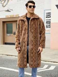 Men's long faux fur coat with brown snakeskin pattern and stylish wide lapel collar