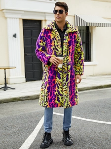 Men's oversized faux fur coat featuring colorful neon leopard print and a plush lapel collar