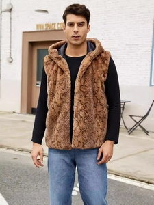 Men's faux fur hooded vest with brown snakeskin print and soft lining for street style