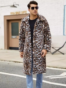 Men's faux fur long coat with leopard print and lapel collar for winter fashion