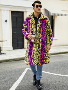 Men's neon leopard print faux fur coat in vibrant long-length plush winter design