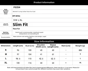 Size guide for women's long faux fur coat in beige with detailed dimensions