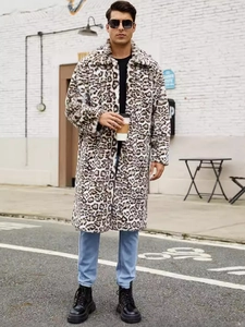 Men's long faux fur coat with leopard print and lapel collar for winter street style