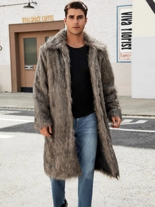 Men's winter long faux fur coat with lapel collar in mixed grey plush fabric