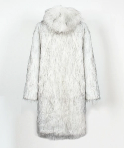 Vue arrière du long manteau à capuche en fausse fourrure blanche et grise pour femme