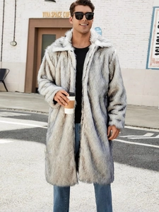 Men's grey faux fur long coat with large lapel collar for winter outdoor wear