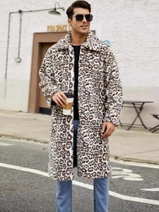 Men's faux fur long coat with leopard print and lapel collar in stylish urban setting