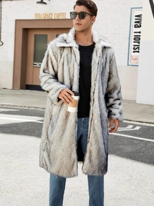 Men's winter long faux fur coat with oversized lapel in grey and white gradient style