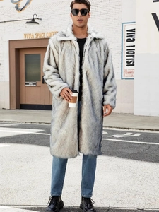 Men's winter long faux fur coat with lapel collar and mixed grey shaggy texture