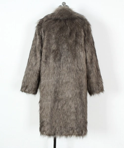 Back view of a long faux fur coat in brownish gray with a warm plush texture