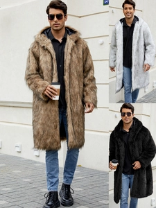 Men's Winter Long Faux Fur Hooded Coat Warm Thick Shaggy Fuzzy Overcoat Urban Casual Fashion Outwear Solid Color Jacket