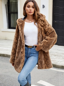 Manteau en Fausse Fourrure pour Femme Longueur Moyenne Veste à Capuche Imprimé Léopard Serpent Chaud Hiver Extérieur Mode Urbaine Décontractée