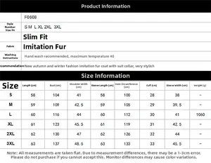Detailed size chart for women's faux fur jacket with measurements from S to 3XL sizes