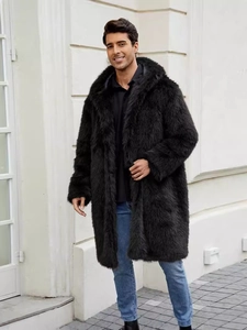 Men's black long faux fur hooded coat with thick plush texture for winter warmth