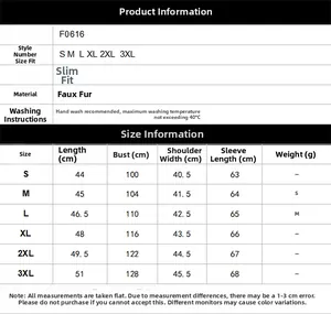 Size chart table for women faux fur short jacket showing S to 3XL measurements in cm