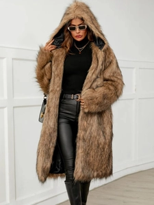 Manteau à capuche en fausse fourrure pour femme, coloris marron et camel, doublure noire