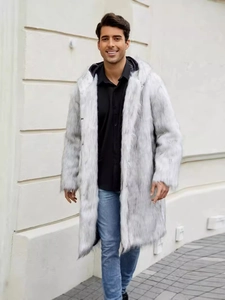 Men's long faux fur hooded coat in grey and white mix, warm winter fashion streetwear