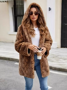 Manteau à capuche en fausse fourrure léopard pour femme avec motif animalier chic