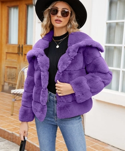 Detail of purple faux fur jacket with wide lapels and textured horizontal stitching design