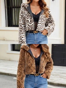 Veste à Capuche en Fausse Fourrure Imprimé Léopard Serpent pour Femme Manteau Court Moelleux Automne Hiver Chaud Vêtement d'Extérieur Zippé