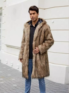 Men's brown faux fur hooded long coat with thick plush texture for winter warmth